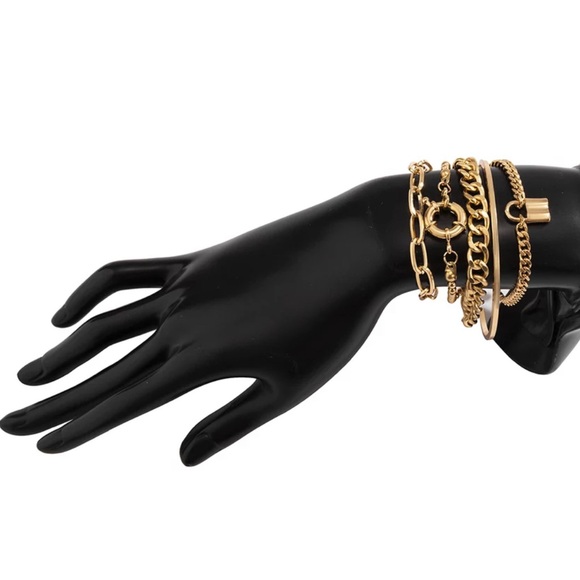 Gold Chunky Punk Cuban Chain Bracelets Set of 5 - Picture 3 of 4